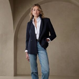 Banana Republic Navy Preppy Blue Double Breasted Cotton Blazer